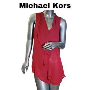Michael Kors V-Neck Ruffle Top - Size Large, Sheer Dark Pink Blouse, Sleeveless